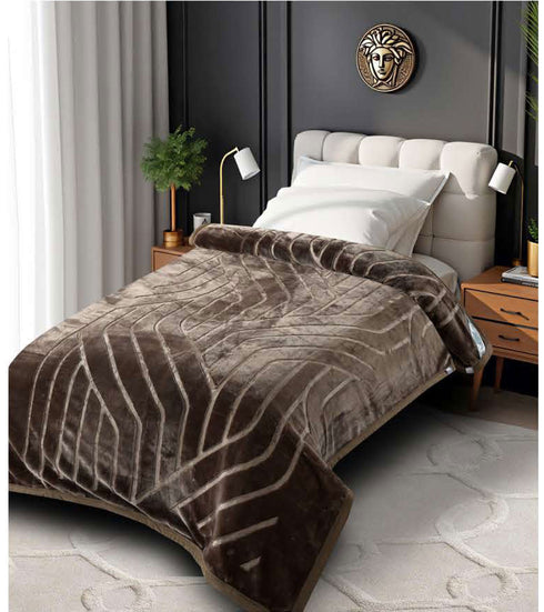 Brown textured blanket on a bed in a bedroom setting
