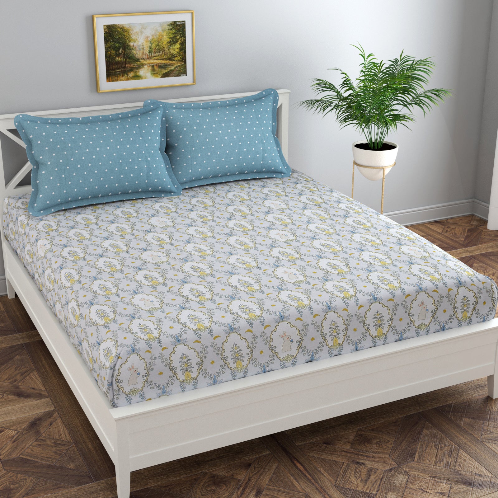 Vision Fitted Bedsheet with 2 King Size Pillow Cover for Double Bed