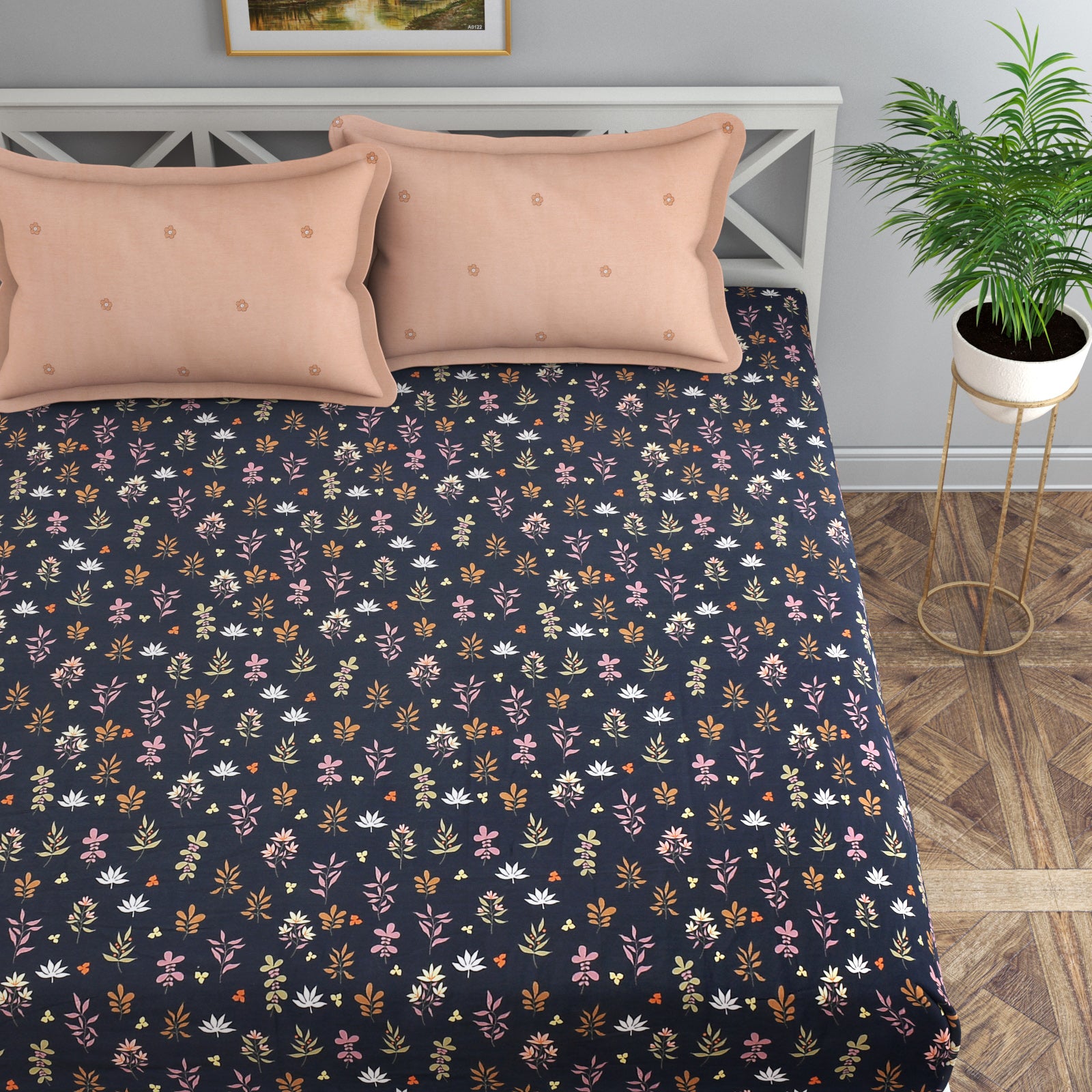 Vision Fitted Bedsheet with 2 King Size Pillow Cover for Double Bed