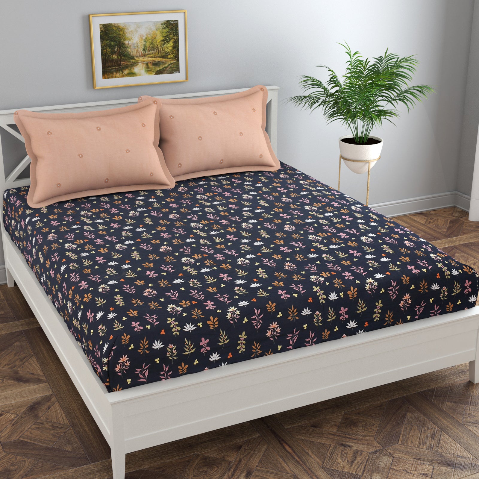 Vision Fitted Bedsheet with 2 King Size Pillow Cover for Double Bed